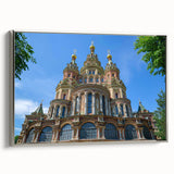 Framed canvas of a vintage poster art depicting a colorful St. Petersburg landscape, ideal for living room decor.