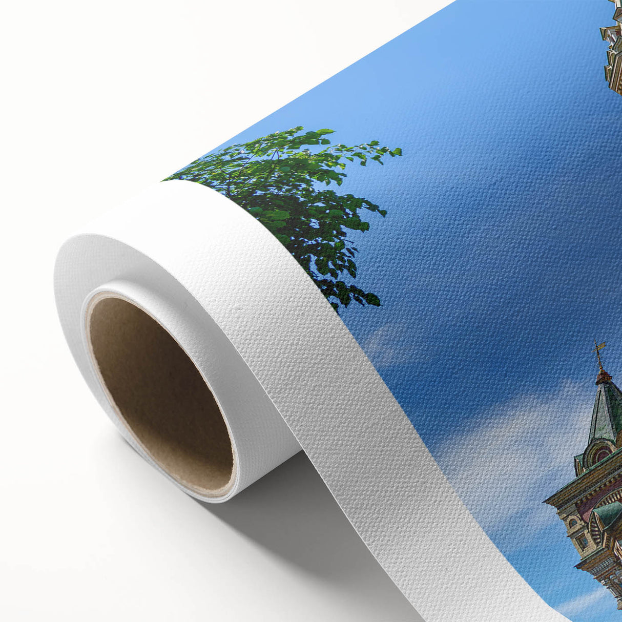 Art deco poster featuring a serene European scenery in pastel blue and green hues on rolled canvas.