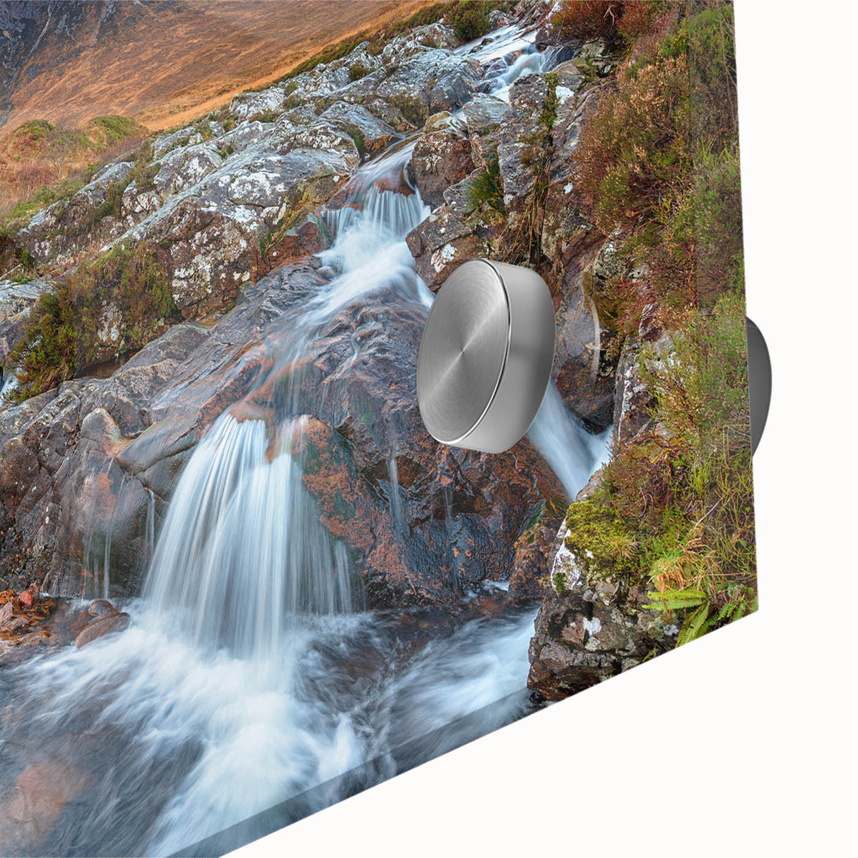 Large abstract depiction of a Scottish landscape in muted earth tones on acrylic glass, suited for dining room art.