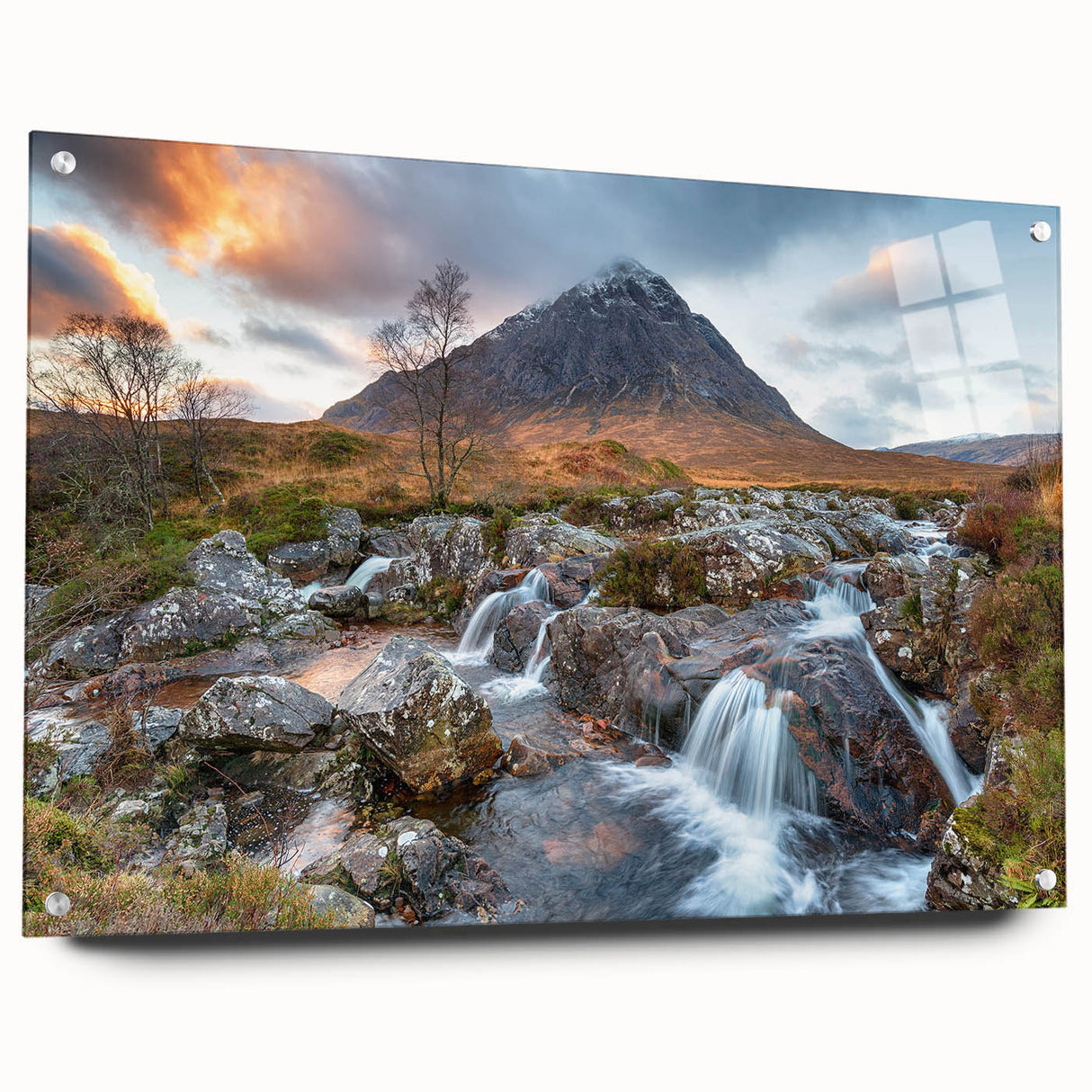 Acrylic print of a Scottish landscape in muted green and blue tones, suitable for bedroom or dining room decor.