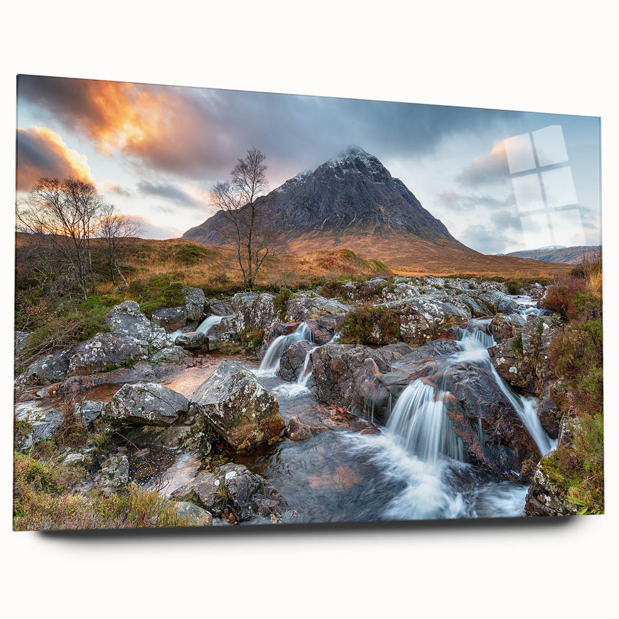 Acrylic print of a Scottish landscape in muted green and blue tones, suitable for bedroom or dining room decor.