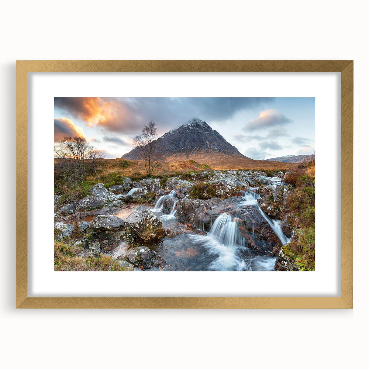 Abstract art print of a European Scottish landscape in muted green and blue tones, framed with a gold mat.