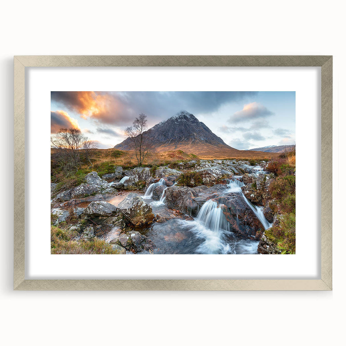 Extra large abstract art print of a textured Scottish landscape in muted earth tones, framed in silver.