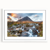 Textured art print of a Scottish landscape in muted earth tones, framed with a white mat, ideal for bedroom decor.
