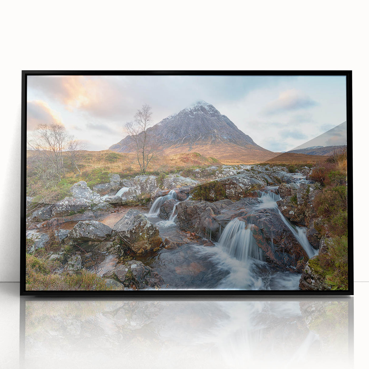 Large abstract wall art depicting a scenic European landscape in muted earth tones, framed in black acrylic.