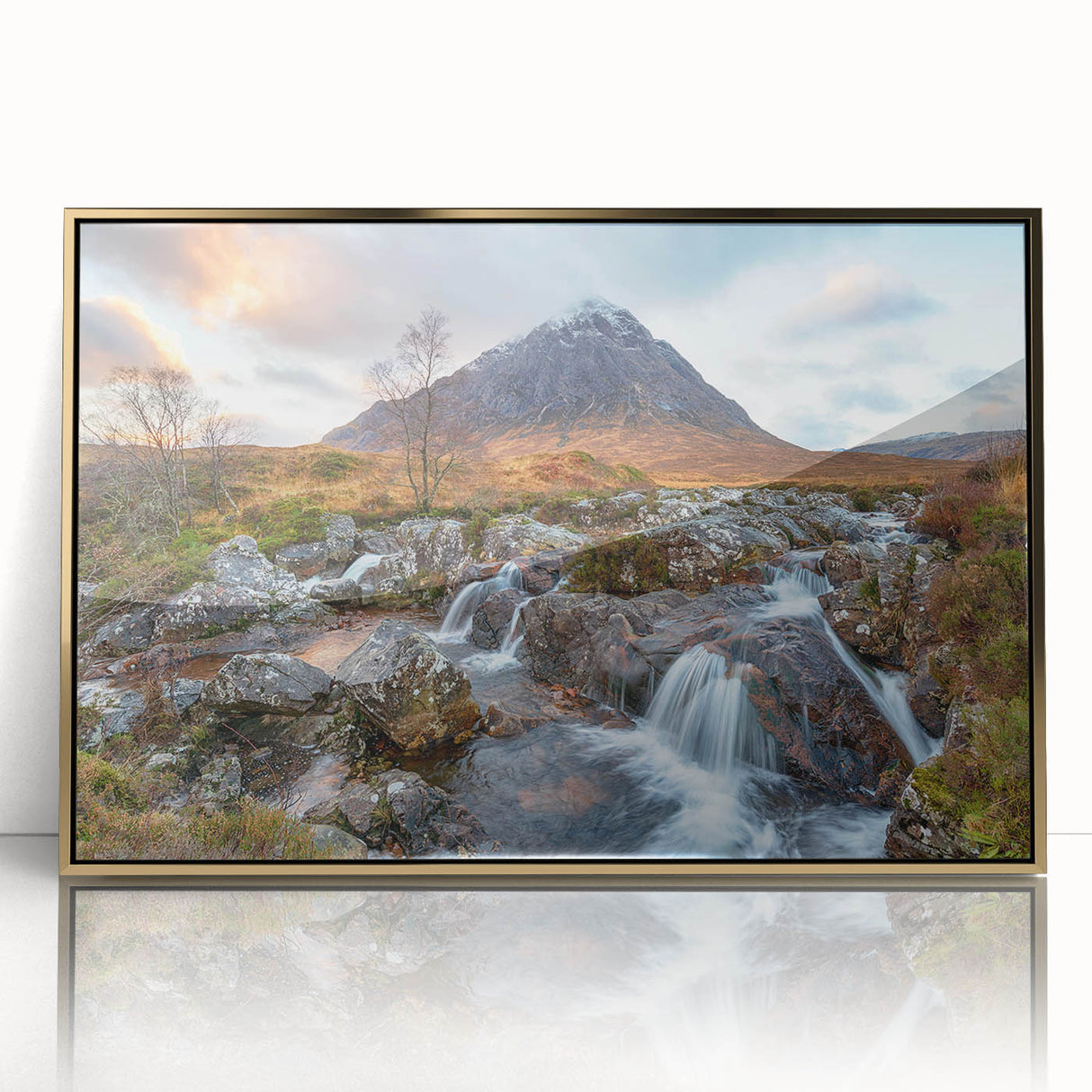 Art deco poster of a Scottish landscape in muted greens and blues, framed in gold acrylic, ideal for modern art wall decor.