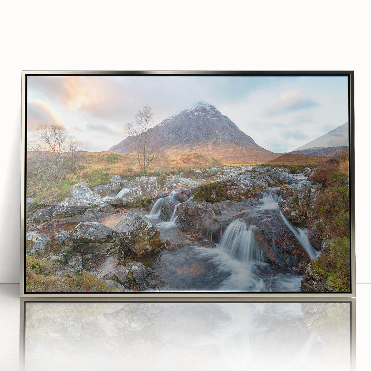 Large art print of a Scottish landscape in muted green and blue tones on a framed acrylic, ideal for modern art wall decor.