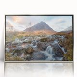 Large art print of a Scottish landscape in muted green and blue tones on a framed acrylic, ideal for modern art wall decor.