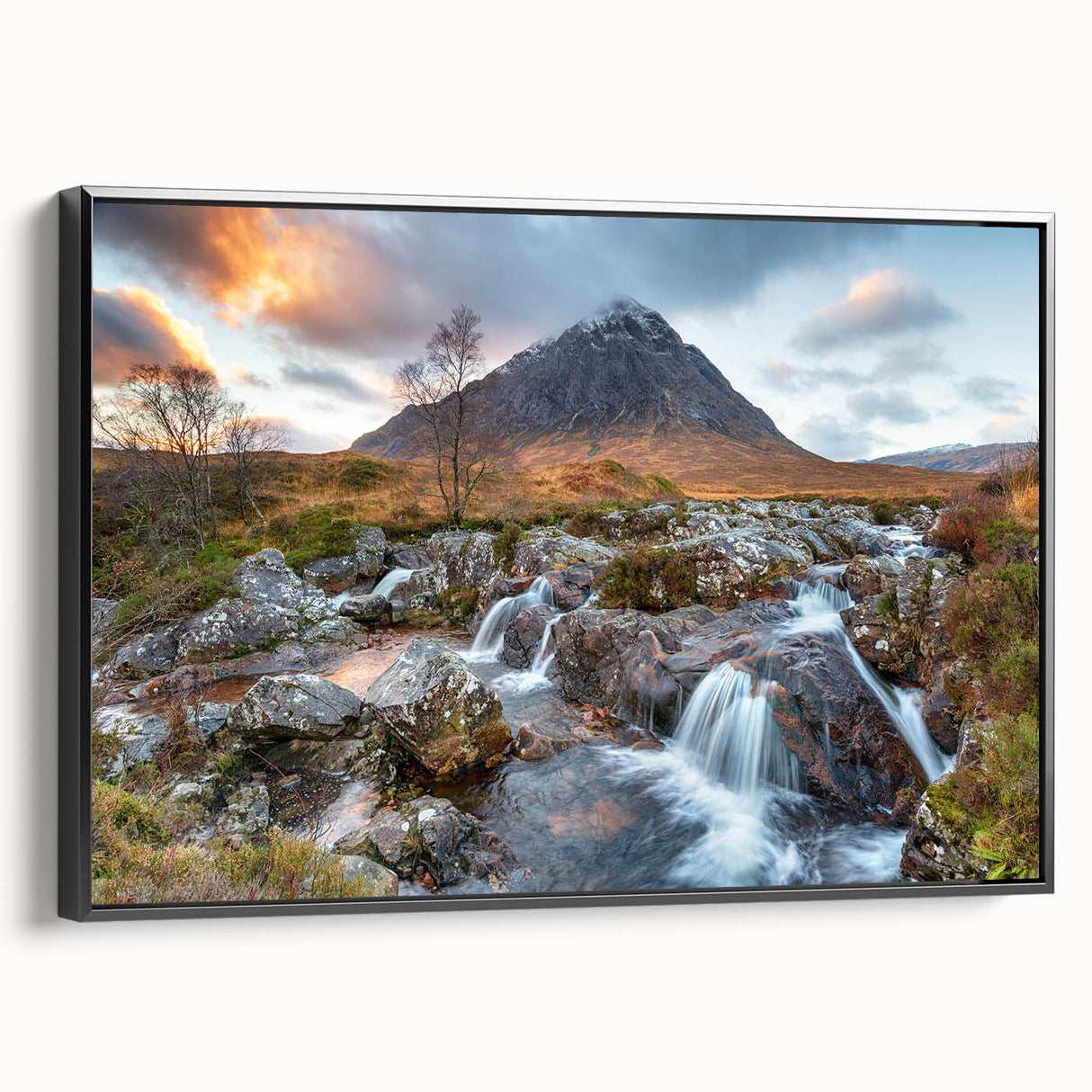 Black and white framed canvas featuring a vintage poster art style landscape of Scotland, ideal for bedroom wall decor.