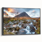 Black and white framed canvas featuring a vintage poster art style landscape of Scotland, ideal for bedroom wall decor.