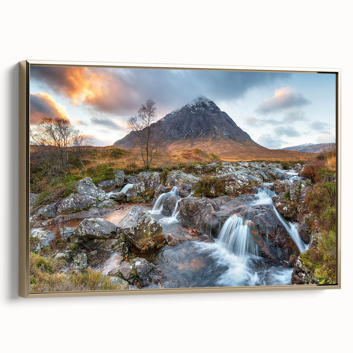 Vintage poster art of a Scottish landscape on framed canvas, featuring muted earth tones, ideal for bedroom wall decor.