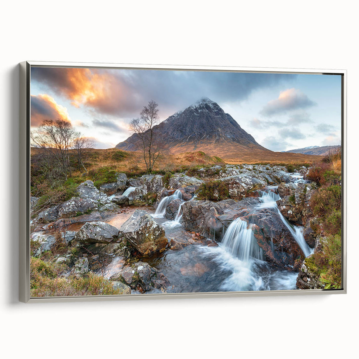 Framed canvas featuring a vintage-style landscape painting of a Scottish scenery in muted earth tones.