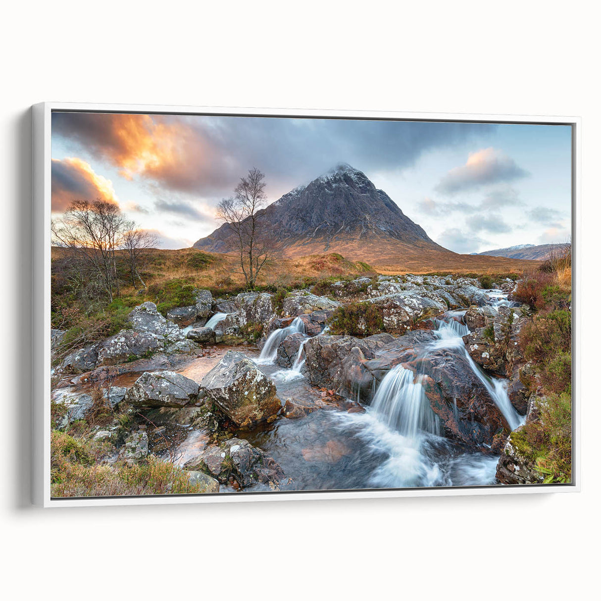 Vintage poster art of a Scottish landscape on framed canvas, featuring a palette of earth tones, ideal for living room decor.