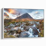 Vintage poster art of a Scottish landscape on framed canvas, featuring a palette of earth tones, ideal for living room decor.