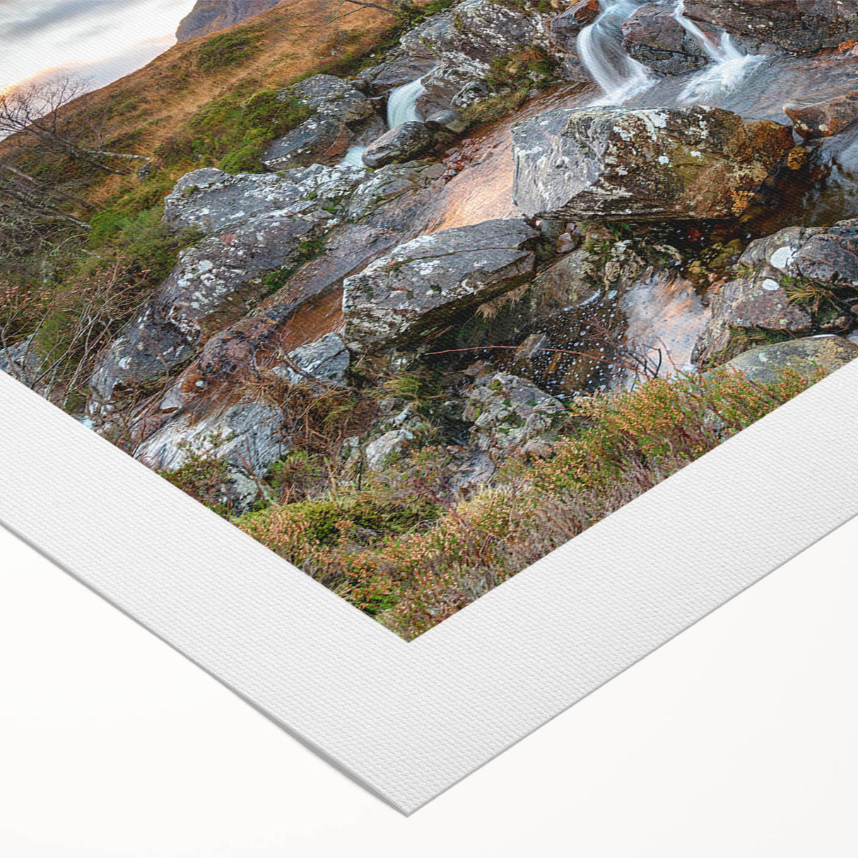Art deco poster featuring a serene Scottish landscape in soft green and blue tones on rolled canvas.
