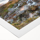 Art deco poster featuring a serene Scottish landscape in soft green and blue tones on rolled canvas.