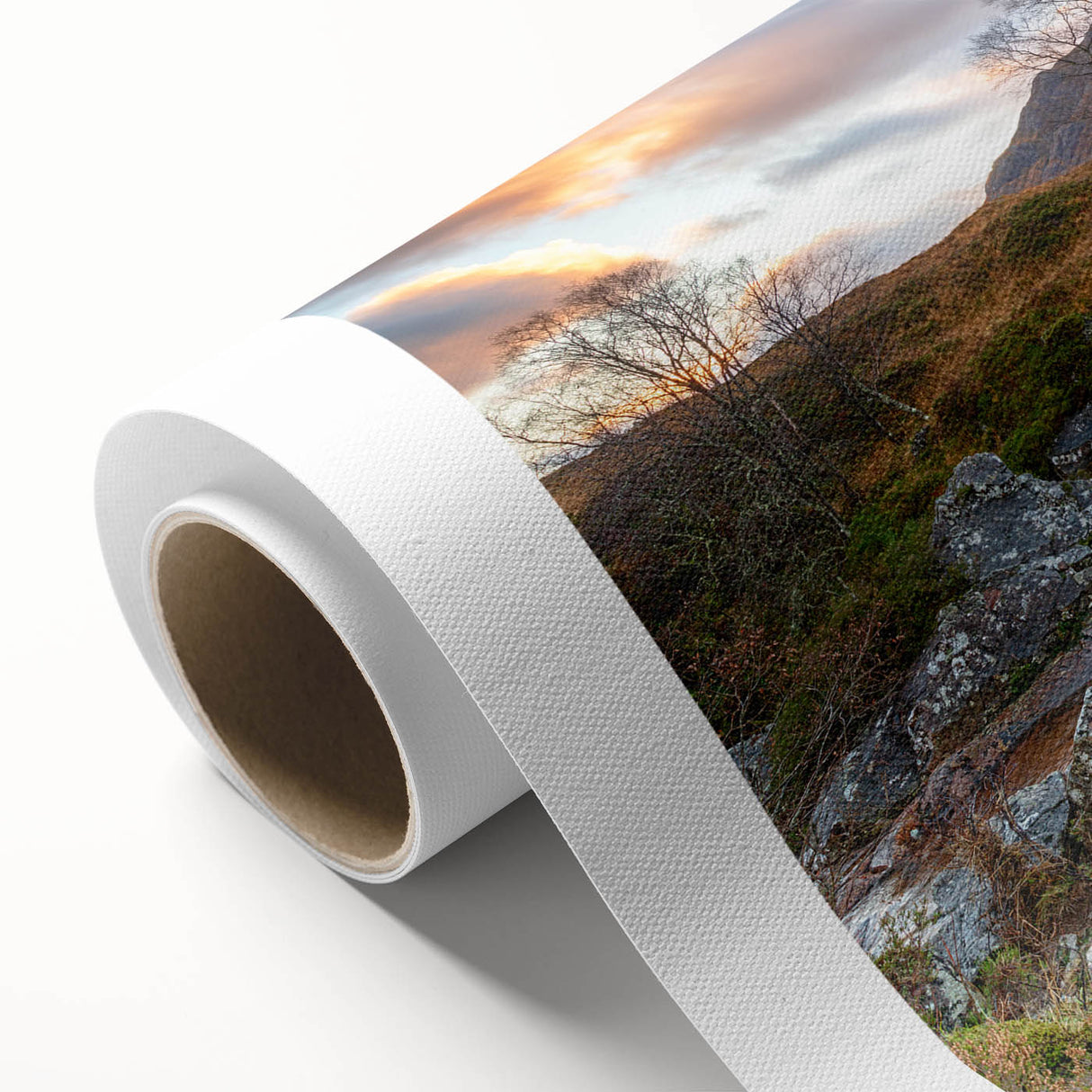 Art Deco style poster depicting a serene Scottish landscape in soft green and blue tones on rolled canvas.