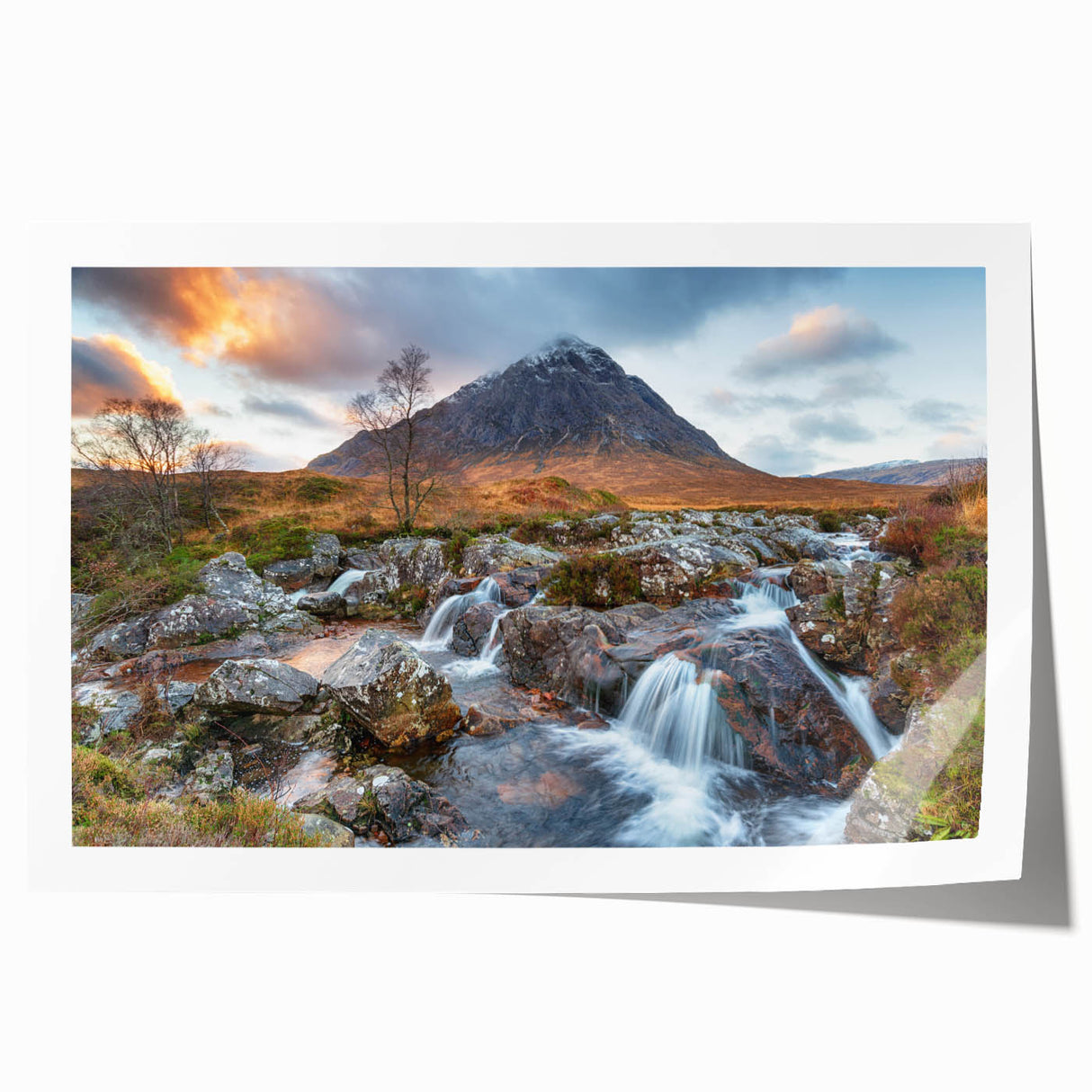 Rolled print of a Scottish landscape with floral foreground in muted earth tones, suitable for dining room decor.