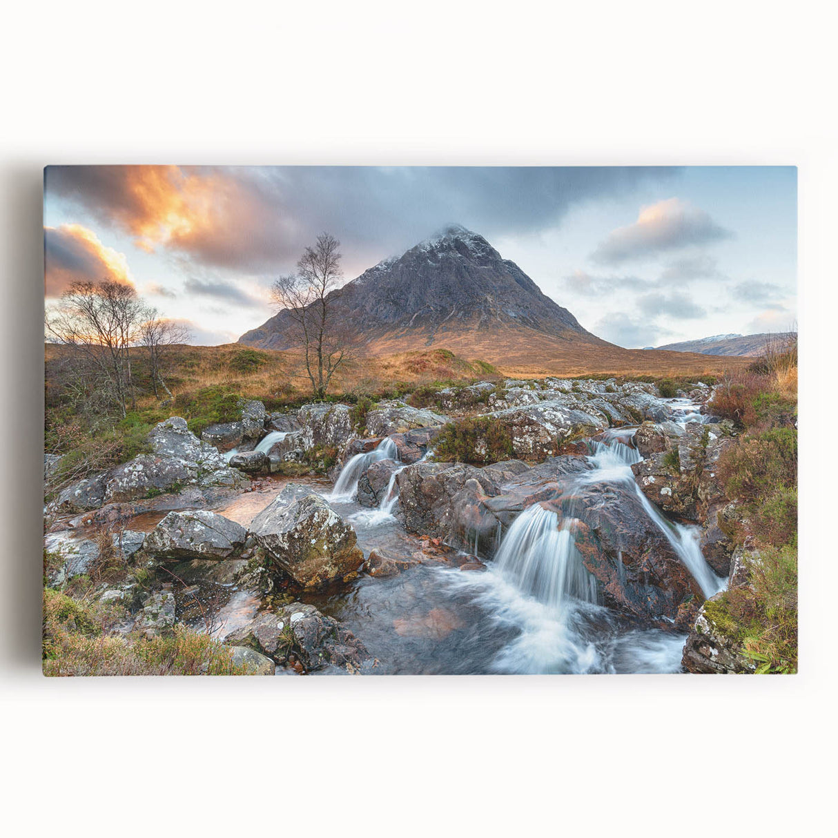 Black and white photo of Scottish landscape on stretched canvas, ideal for kitchen wall art or bedroom ambiance.