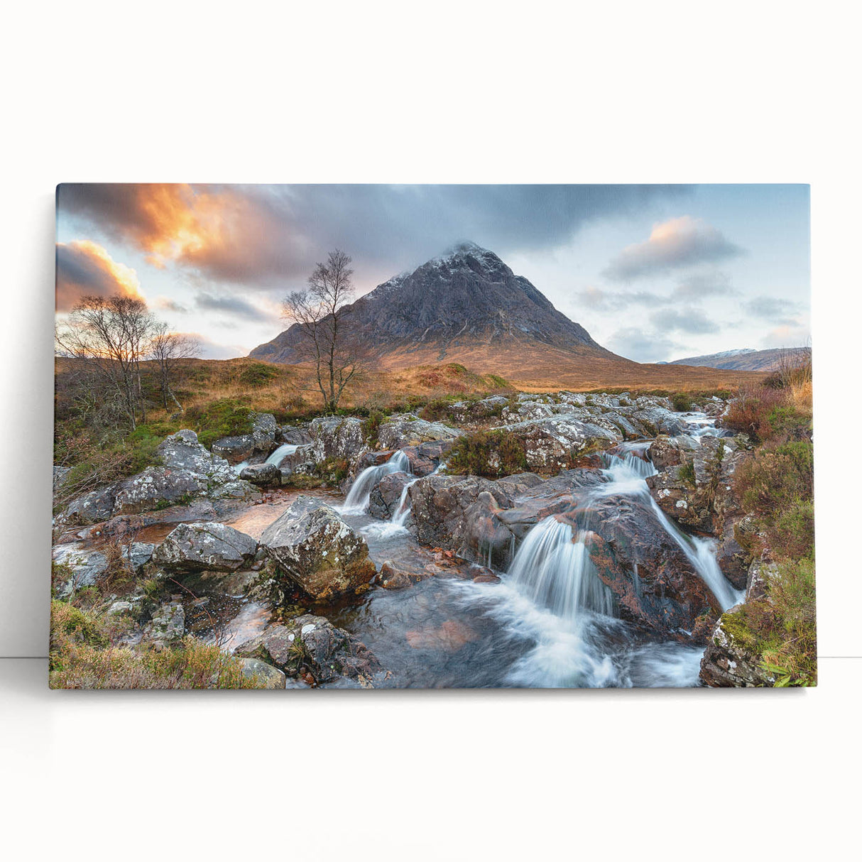 Black and white photograph of a Scottish landscape on large stretched canvas, suitable for kitchen wall art.