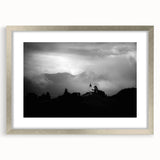 Abstract art print of a European Slovenian landscape in muted earth tones, framed in silver.