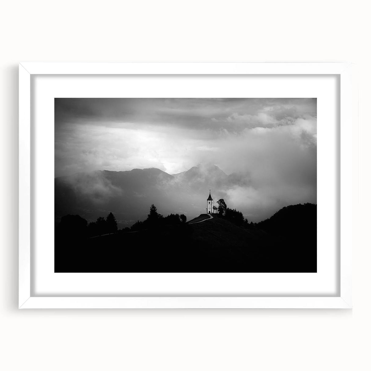 Extra large wall art featuring abstract scenery of Slovenia in textured shades of blue and green, framed with a white mat.