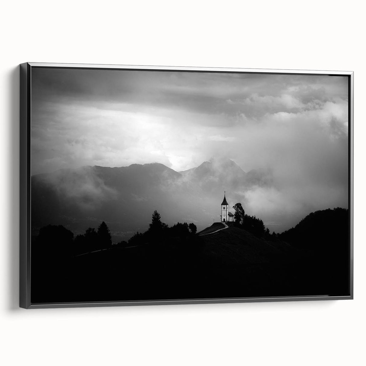 Black and white framed canvas depicting a vintage-style Slovenian landscape, ideal for bedroom wall decor.