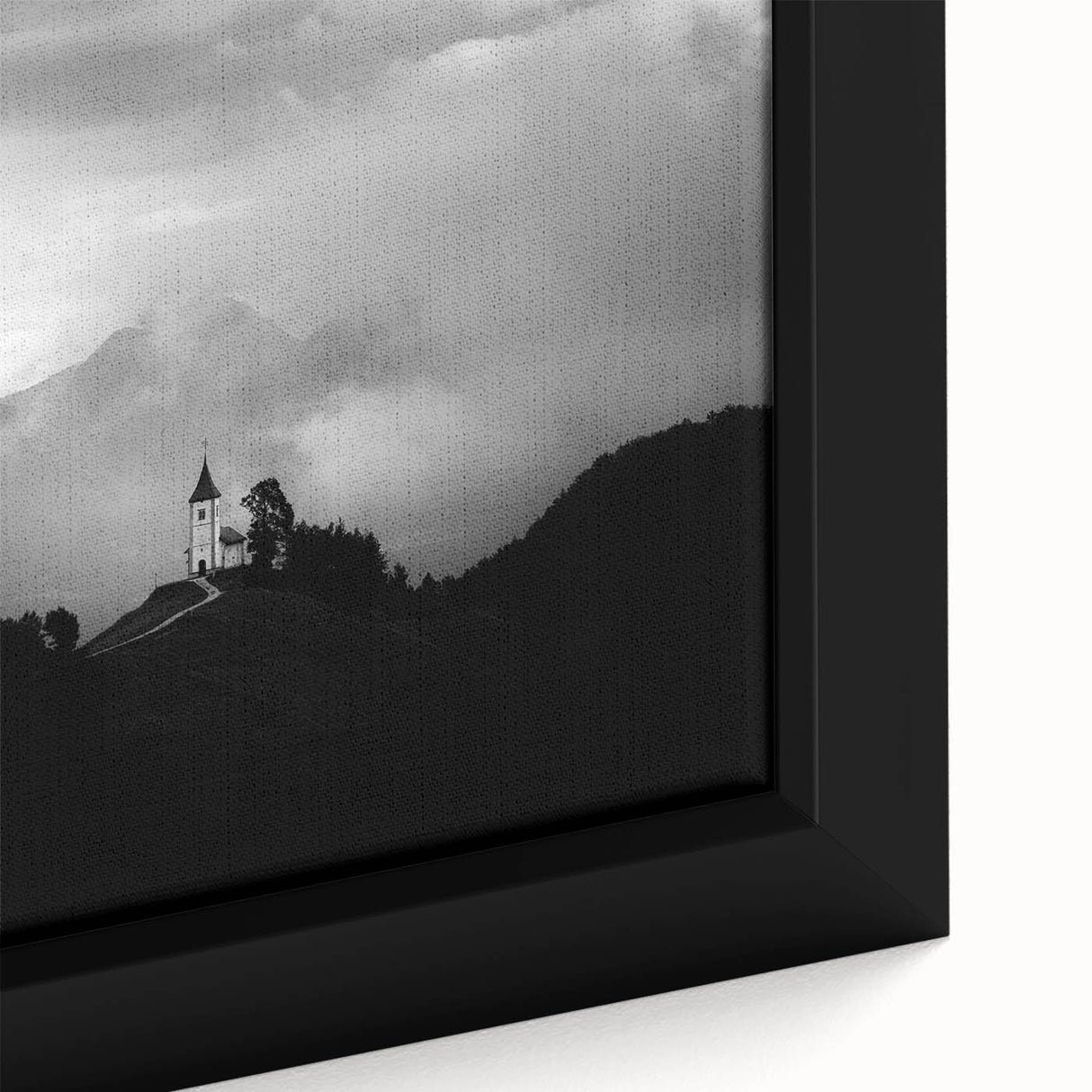 Extra large framed canvas featuring a textured depiction of a Slovenian landscape in black with colorful art accents.