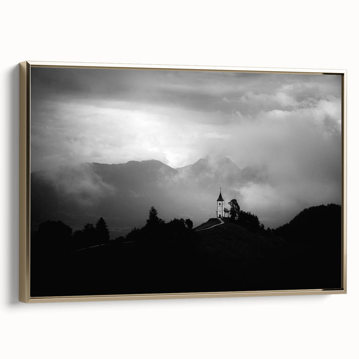 Landscape art painting of a Slovenian scenery on a framed canvas, featuring vibrant colors and a vintage poster style.