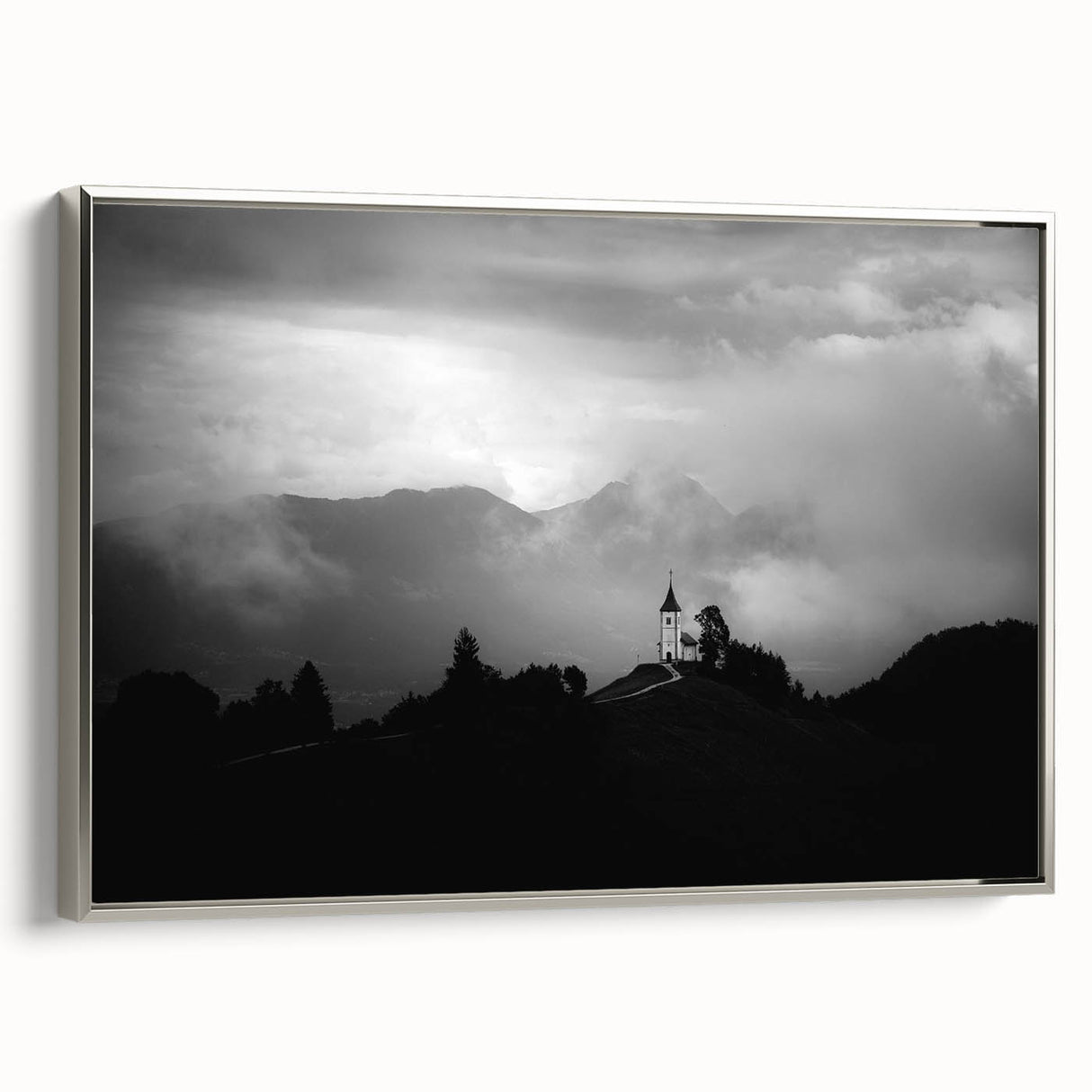 Vintage poster art of a Slovenian landscape on a framed canvas, featuring vibrant, colorful art ideal for living room decor.