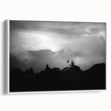 Framed canvas featuring a vintage-style landscape painting of a Slovenian scenery in muted earth tones.