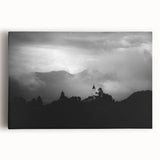 Black and white photograph of a Slovenian landscape on stretched canvas, ideal for kitchen wall art.