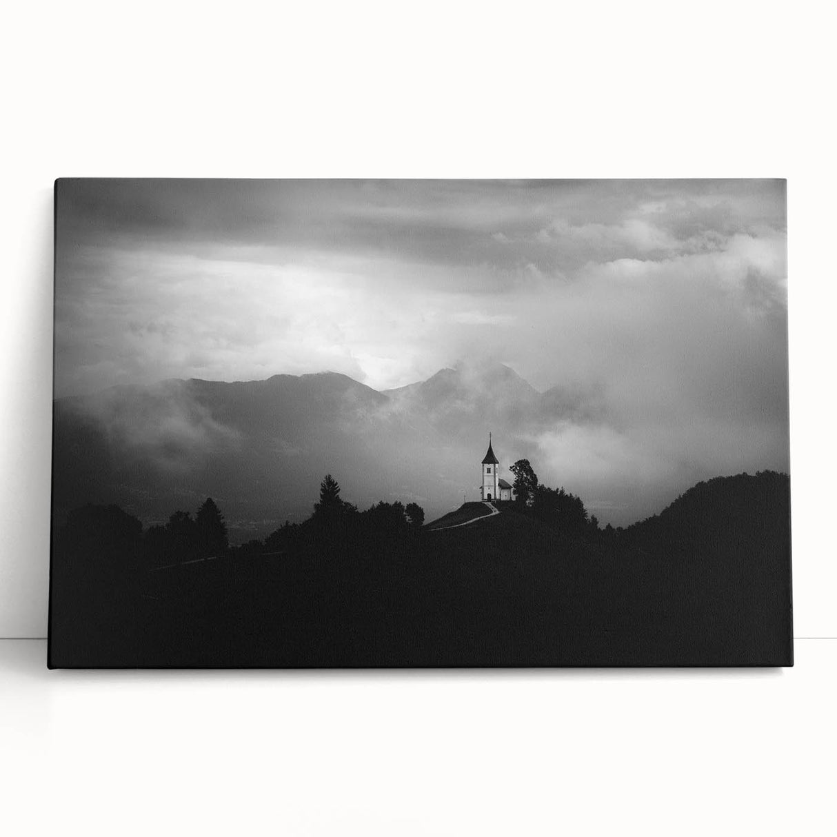Black and white photograph of a European scenic landscape on stretched canvas, ideal for kitchen wall art.
