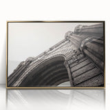 Art deco poster of Barcelona skyline in muted gold and blue tones on framed acrylic, suitable for modern art wall decor.