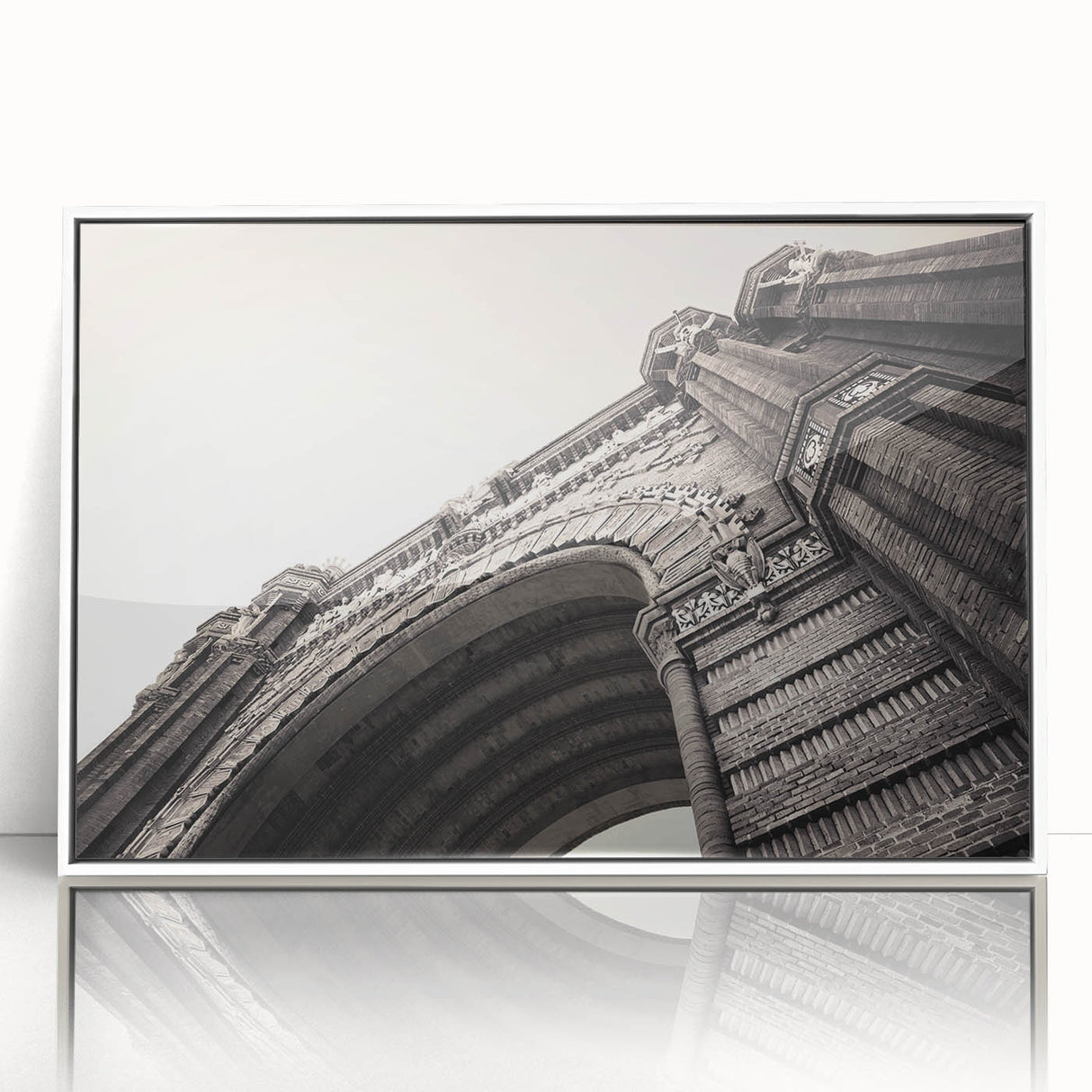 Mid-century modernist art depicting Barcelona cityscape in acrylic, framed in white, ideal for nursery wall art.