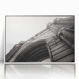 Mid-century modernist art depicting Barcelona cityscape in acrylic, framed in white, ideal for nursery wall art.