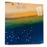 Acrylic print of a large abstract depiction of a European scenery, in muted earth tones.