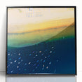 Large abstract wall art depicting a vibrant European scenery in muted colors, framed in black acrylic.