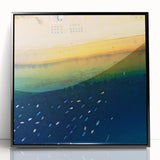 Large abstract wall art depicting a vibrant European scenery in muted colors, framed in black acrylic.