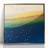 Art deco poster of a European scenery in muted gold tones, acrylic framed, suitable for modern art wall decor in a nursery.
