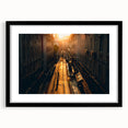 Abstract art print of Stockholm scenery in muted gray and blue tones on a framed black mat, ideal for dining room decor.