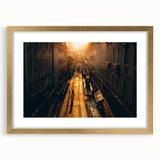 Extra large abstract art print of Stockholm scenery in vibrant, colorful hues on a textured canvas, framed in gold.
