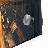 Mid-century modernist Stockholm scenery in muted blue and gray tones on acrylic glass, ideal for dining room art.