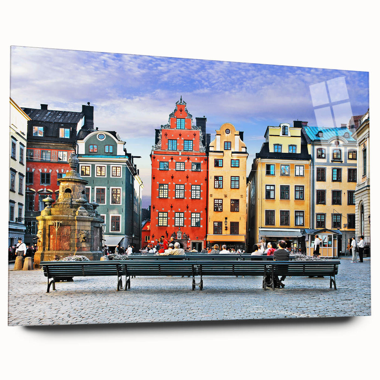 Acrylic print of a large abstract European scenery in muted blue and gray tones, ideal for bedroom or dining room art.