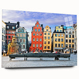 Acrylic print of a large abstract European scenery in muted blue and gray tones, ideal for bedroom or dining room art.