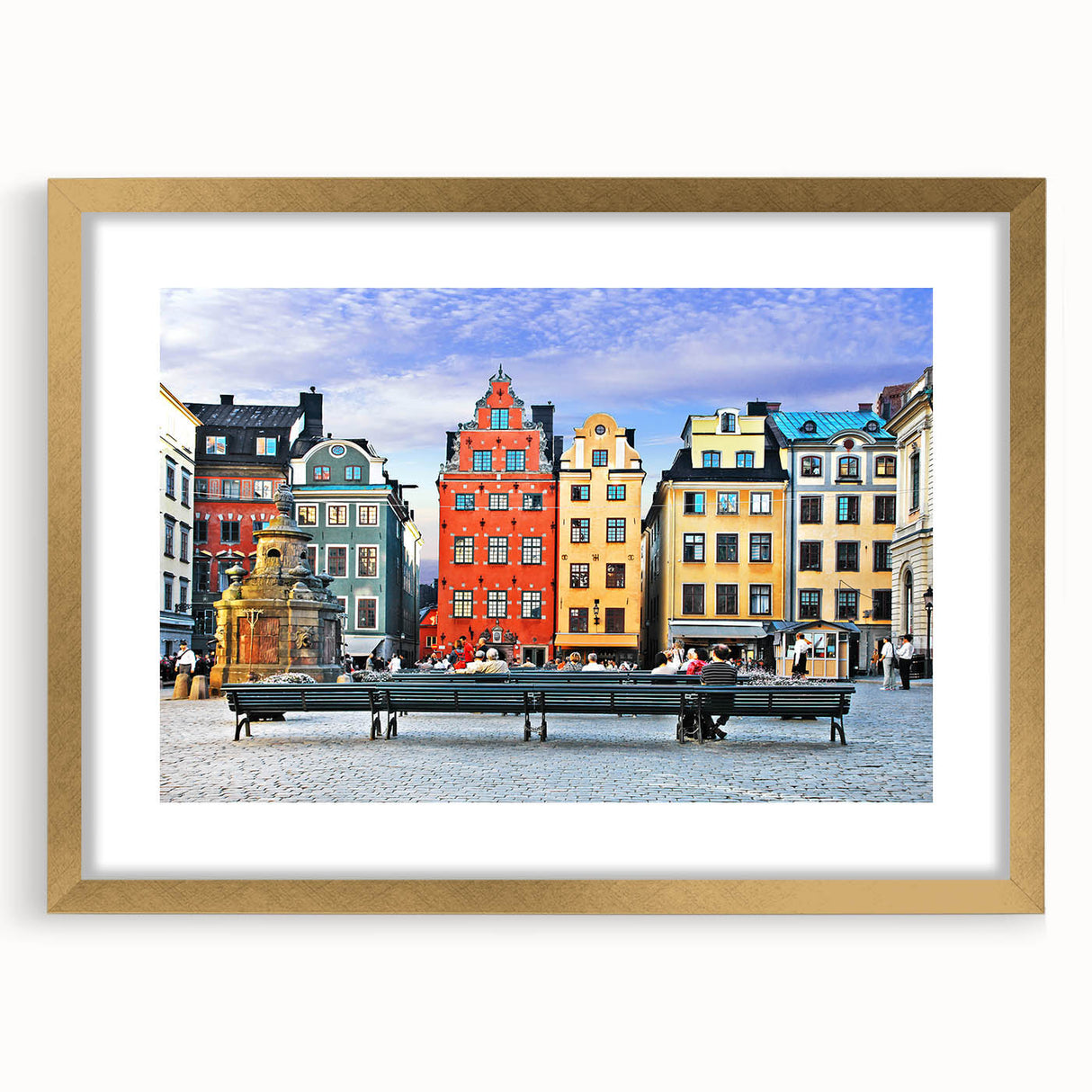 Extra large abstract art print of a textured European scenery in gold frame, suitable for living room decor.