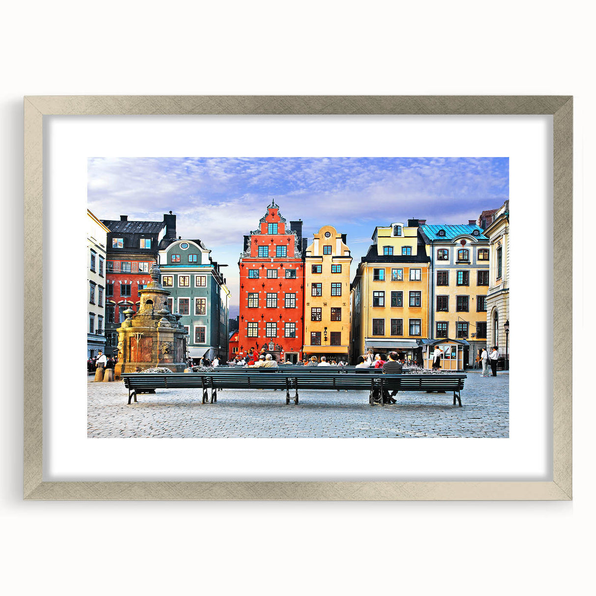 Textured abstract art print depicting a serene European landscape in muted earth tones, framed in silver.