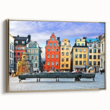 Framed canvas of a serene Swedish landscape in muted earth tones, ideal for bedroom wall decor.