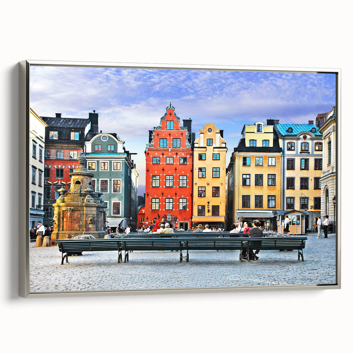 Framed canvas of a vintage-style landscape painting featuring a serene Swedish scenery in muted earth tones.