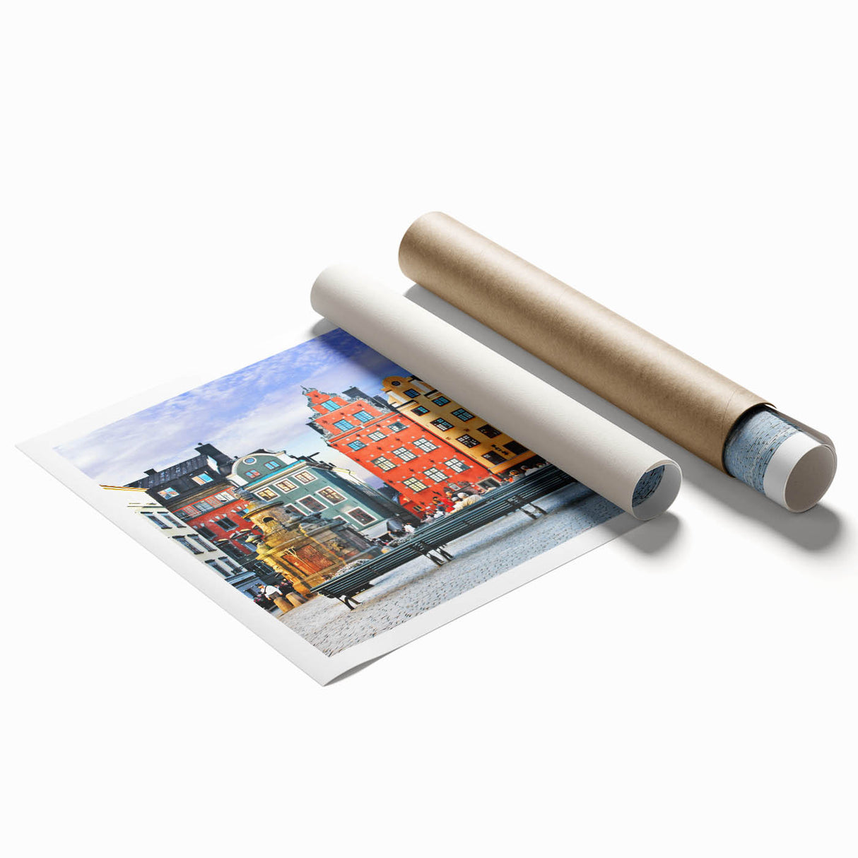 Extra large rolled print depicting a serene Swedish landscape with floral elements in soft blue and green tones.